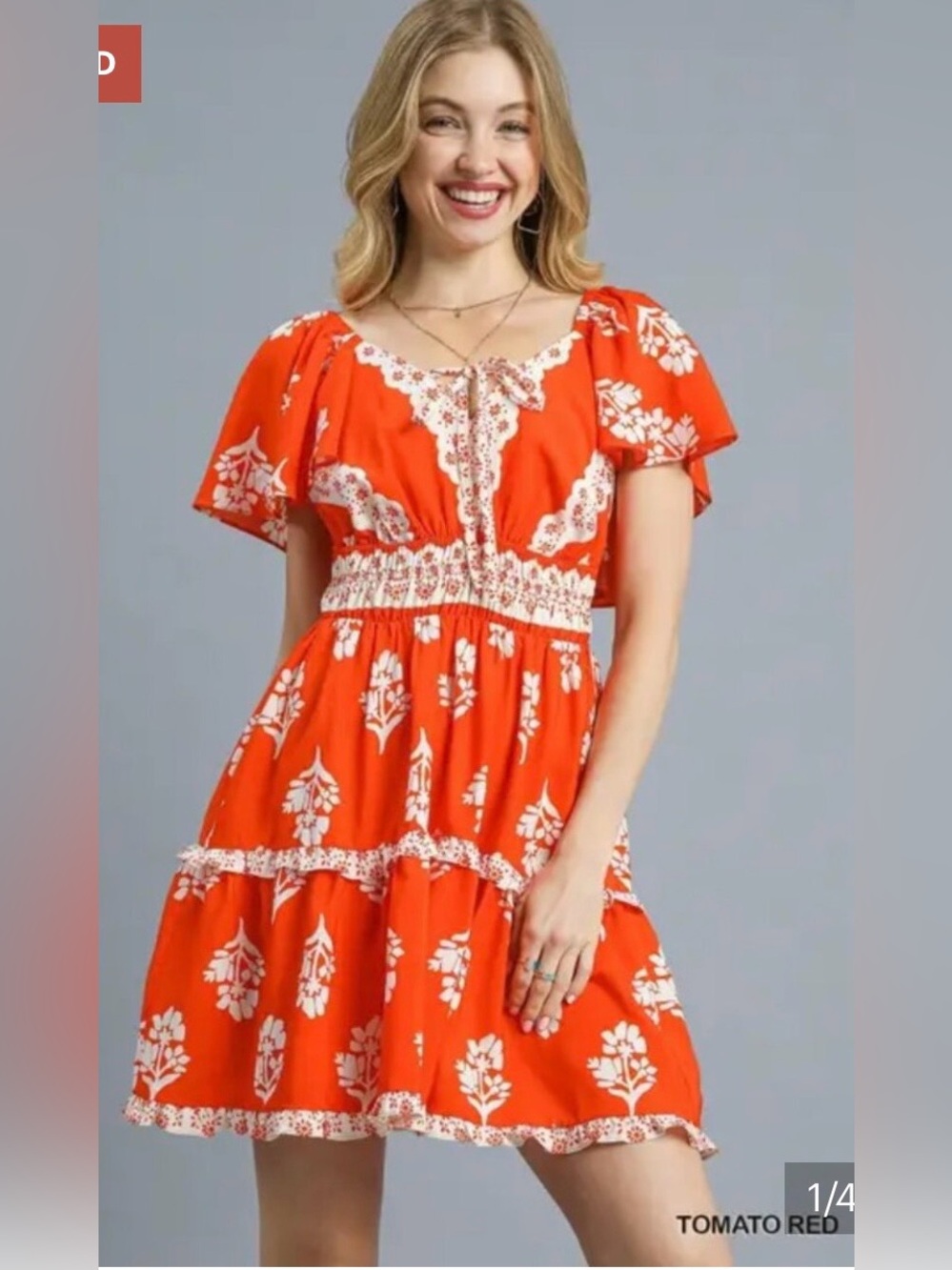 Umgee Tomato Red Floral Tie-Front Tiered Dress Sz small oversized
